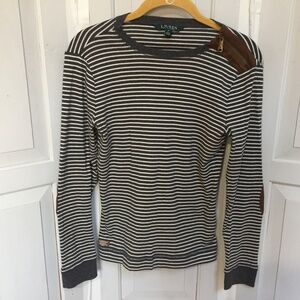 Lauren Ralph Lauren Black and White Striped Long Sleeve Cotton Top